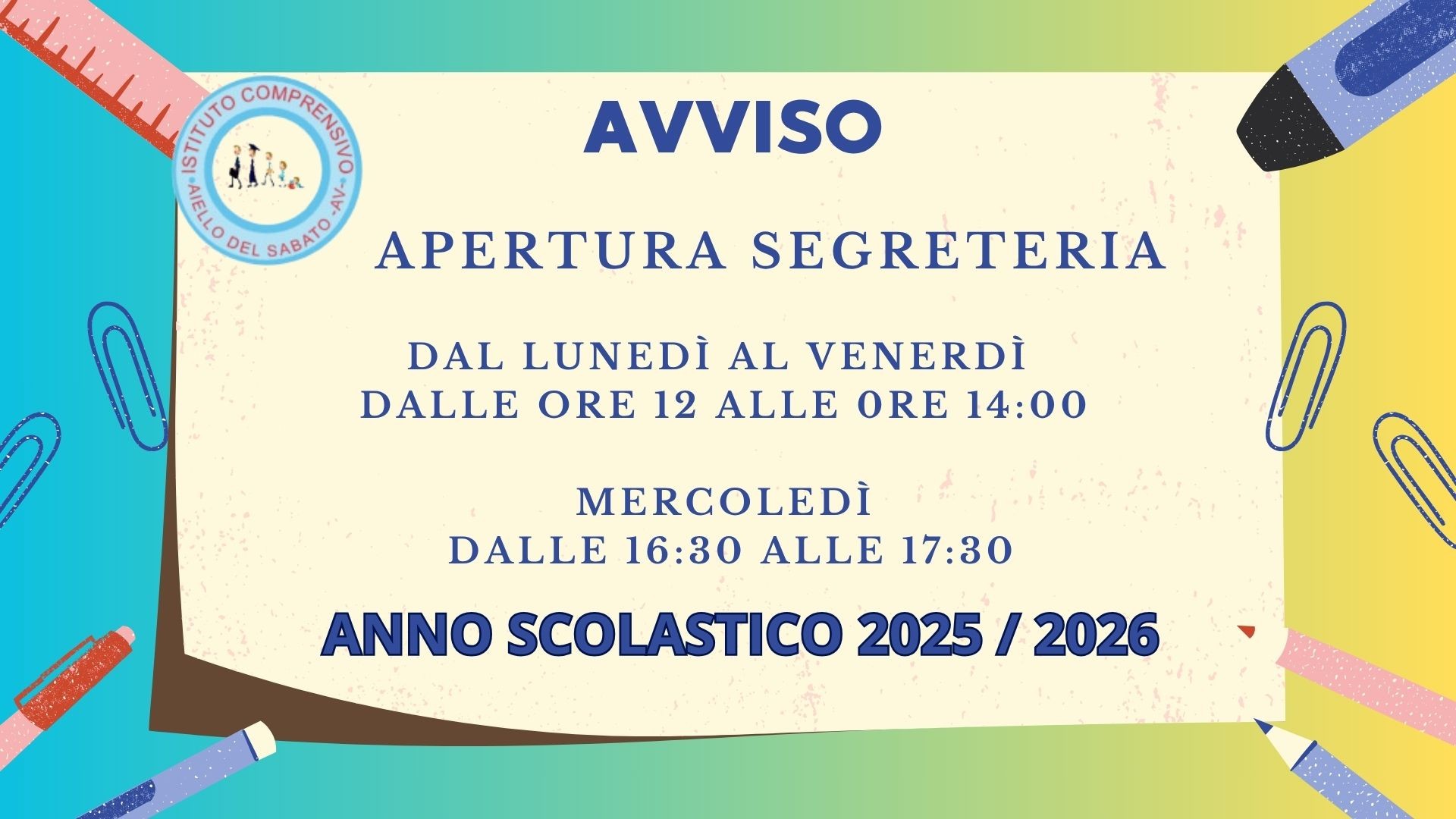 Avviso orario segreteria A.S. 2025/2026